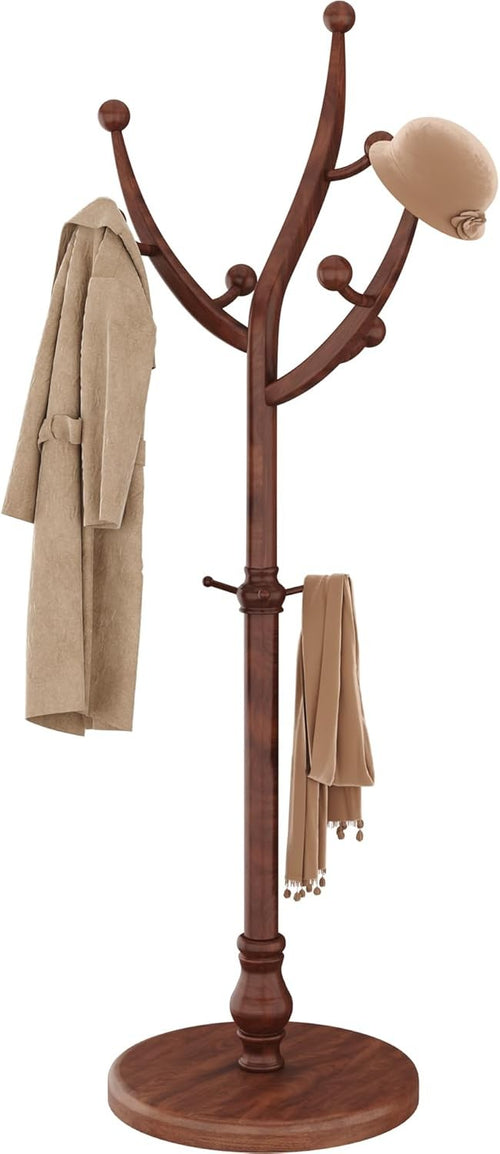 Walnut Wooden Coat Rack Stand 11 Hooks Freestanding Hall Tree with Round Base