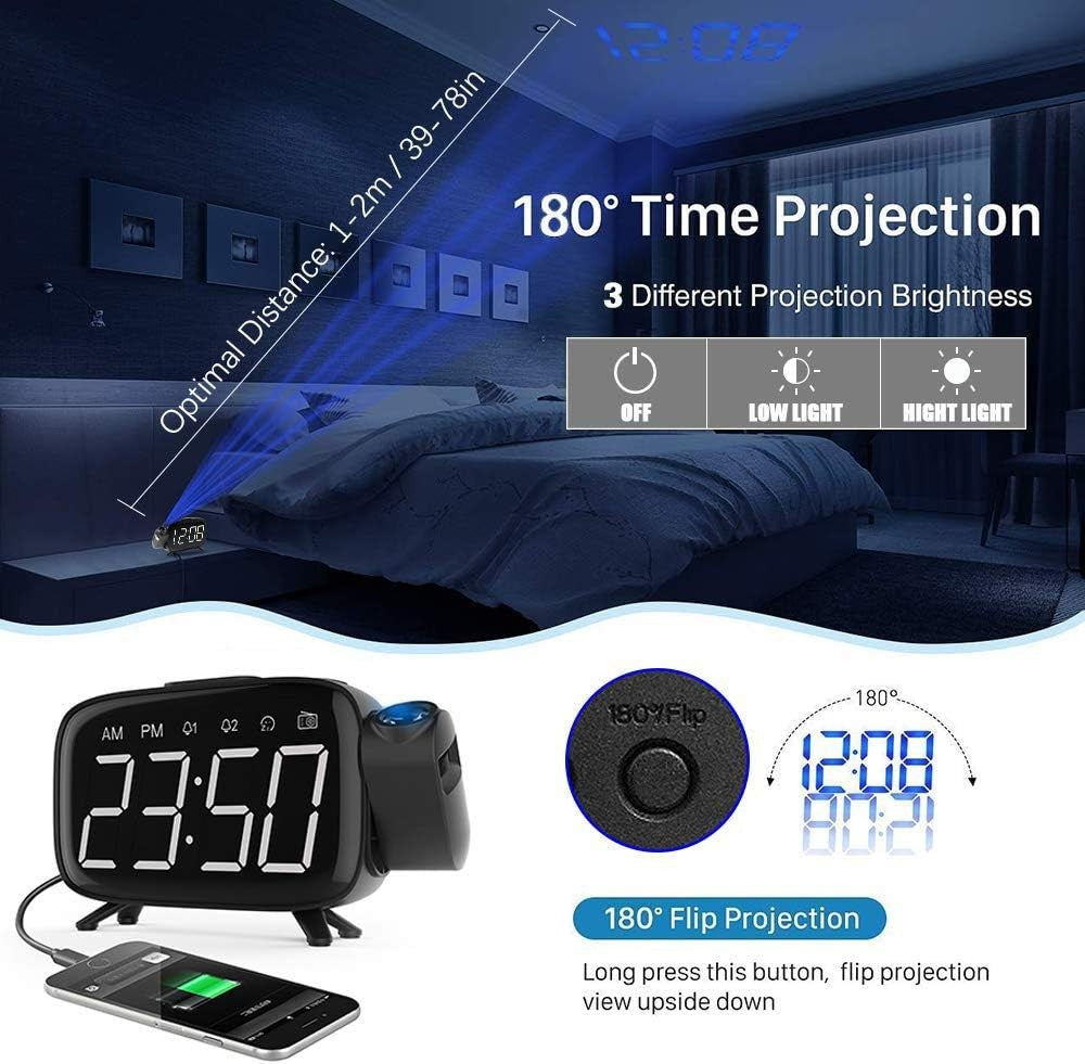 Projection Alarm Clock FM Radio 180° Ceiling Display Snooze LED Digital