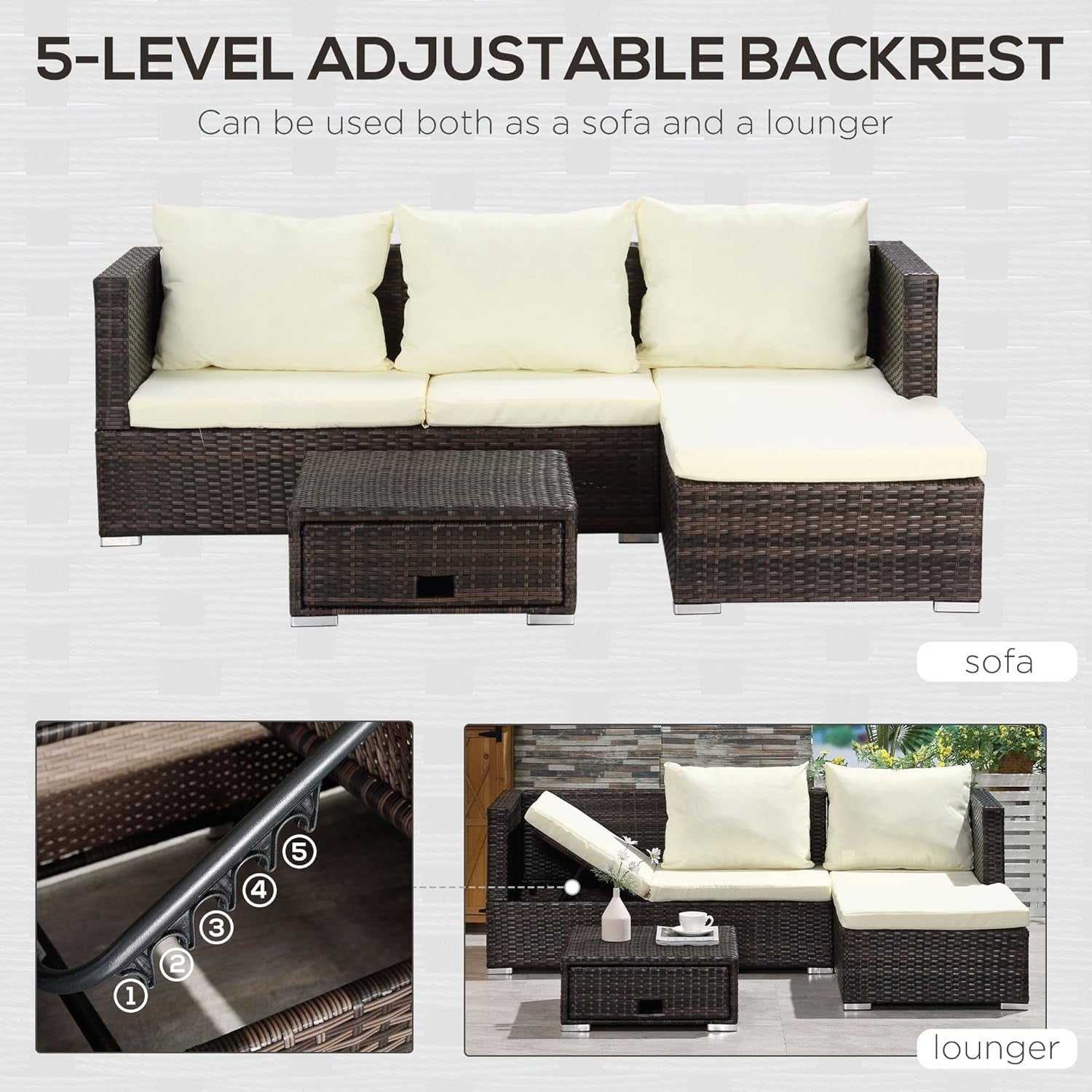 4-Seater Rattan Garden Sofa Set Reclining Lounger Storage Table Outdoor Patio