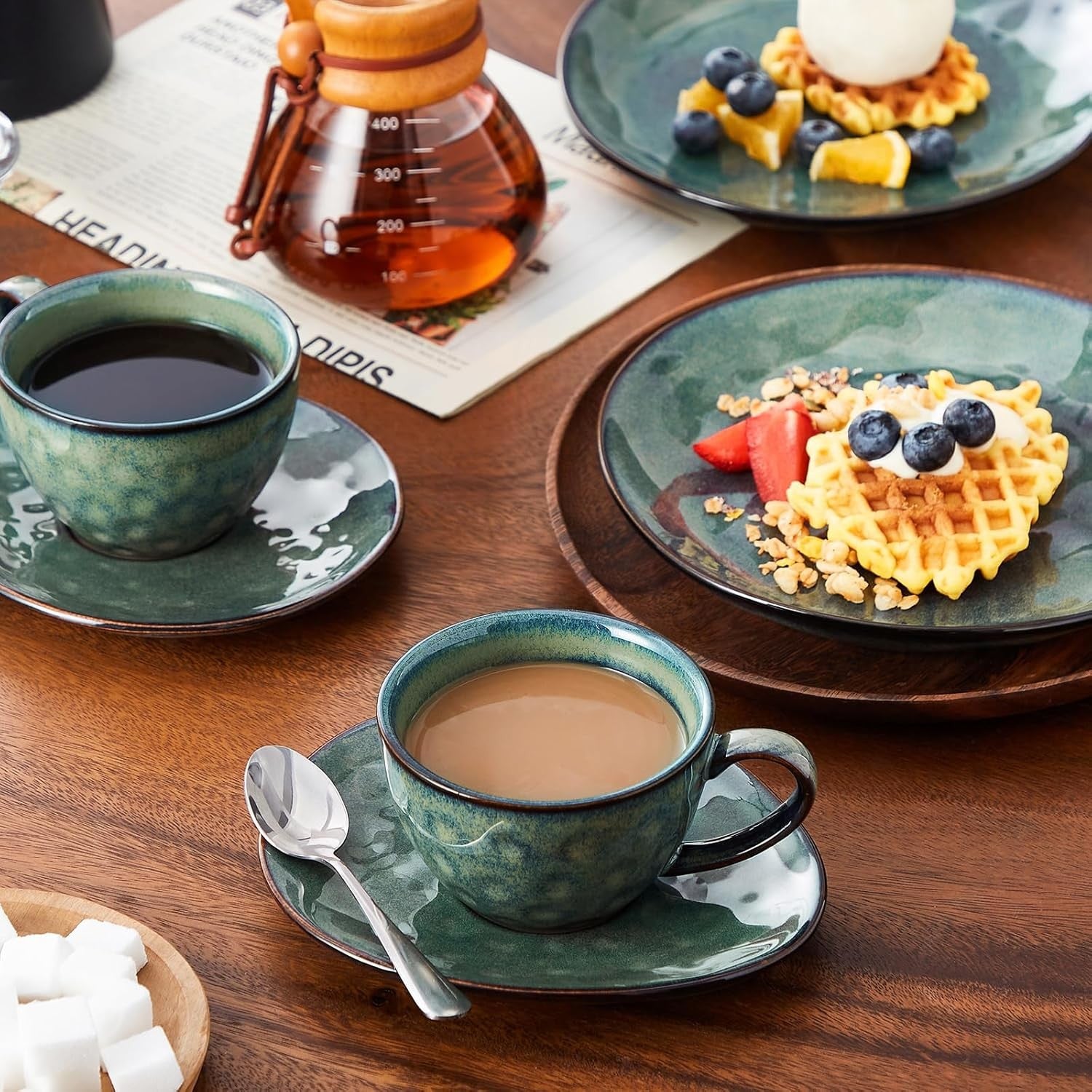 12pc Ceramic Tea Cup Saucer & Dessert Plate Set 270ml Green