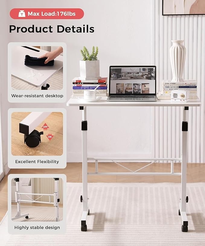 Adjustable Standing Desk Mobile Laptop Desk with Wheels 80x40cm White
