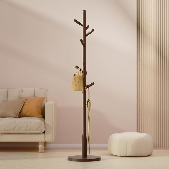 Dark Walnut Coat Rack 8 Hooks Solid Wood Round Base Freestanding Stand