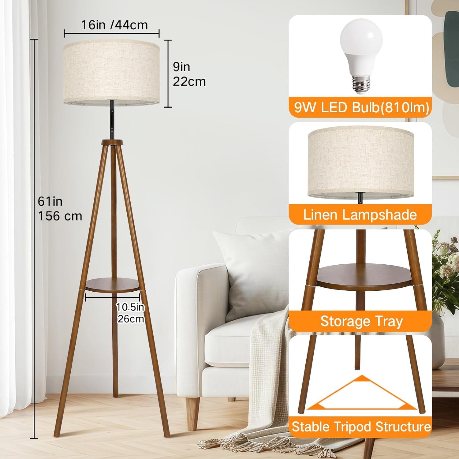 Wooden Tripod Floor Lamp Touch Remote Dimmable Shelf Linen Shade