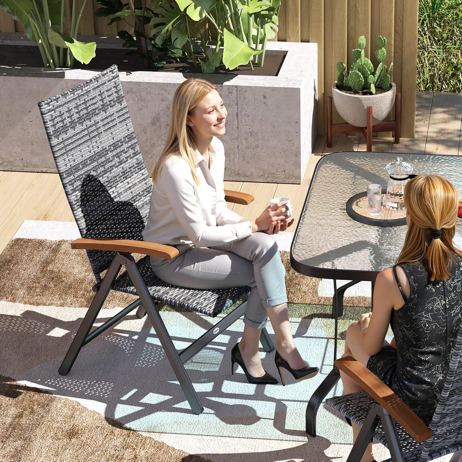 Light Grey Folding Recliner Chair High Back Rattan Patio Garden Seat