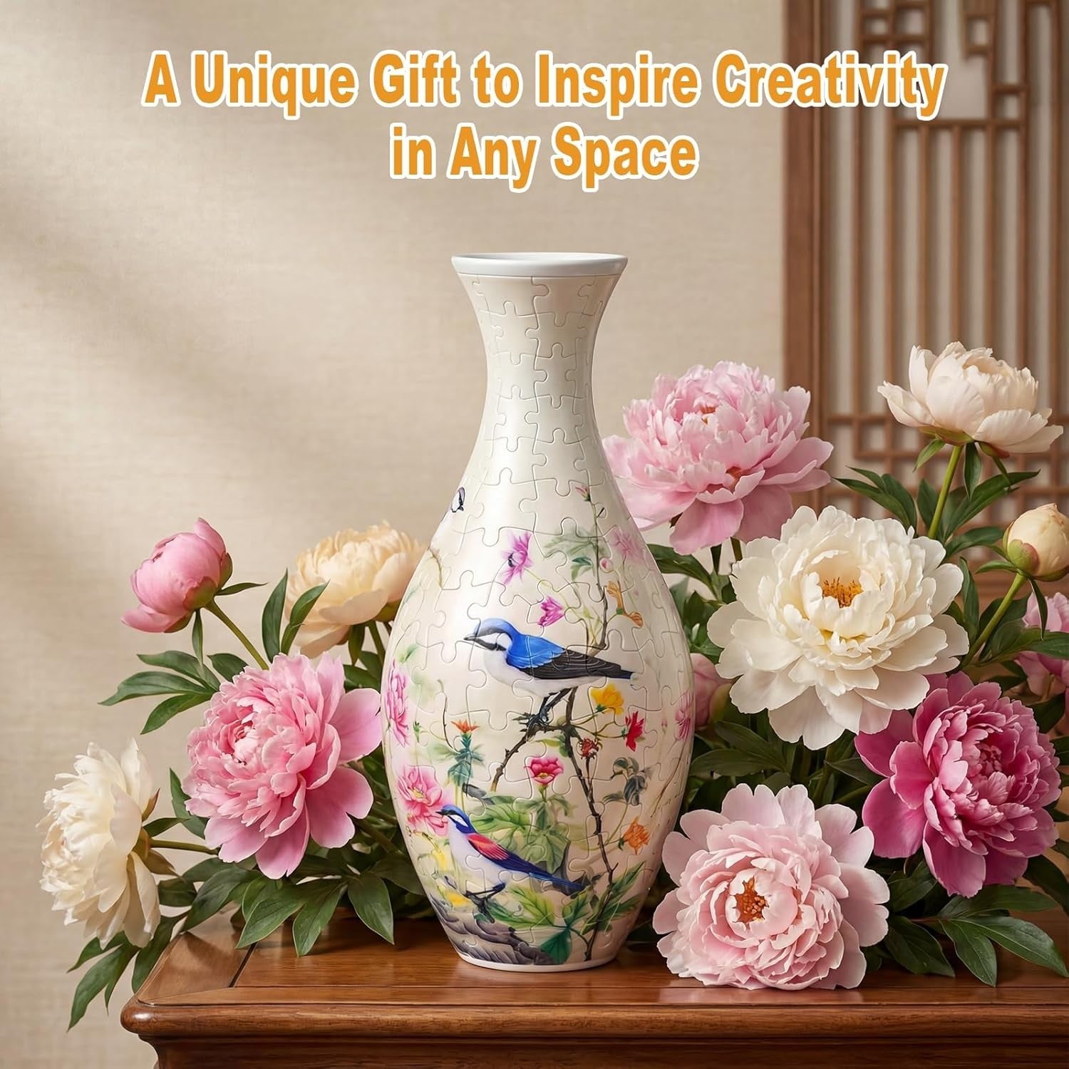 3D Puzzle Flower Vase Kit 160PCS Peony Bird Curved Plastic Decor