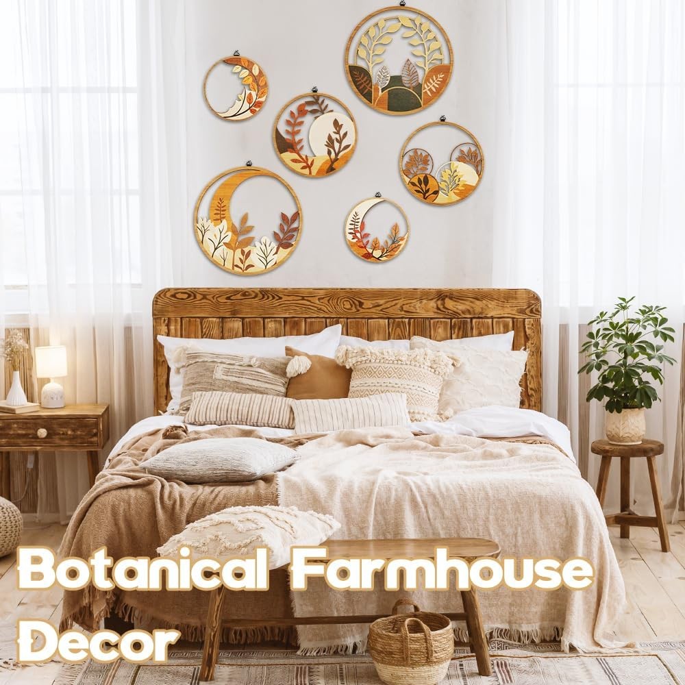 Boho Wooden Wall Art Set of 6 Botanical Circles Living Room Bedroom Decor