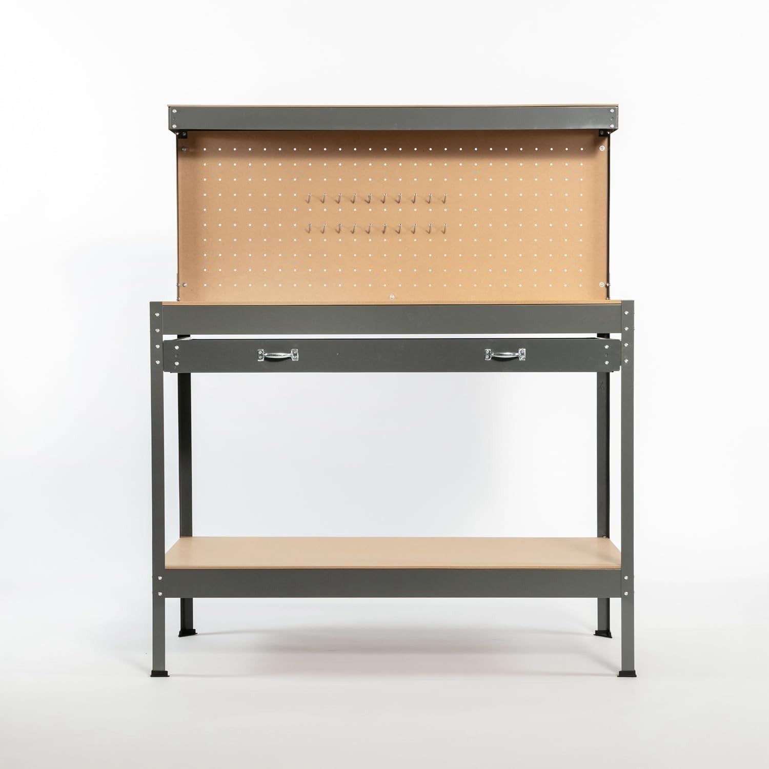 Grey Steel Garage Workbench Tool Station w/ Drawer Pegboard Shelf DIY Storage