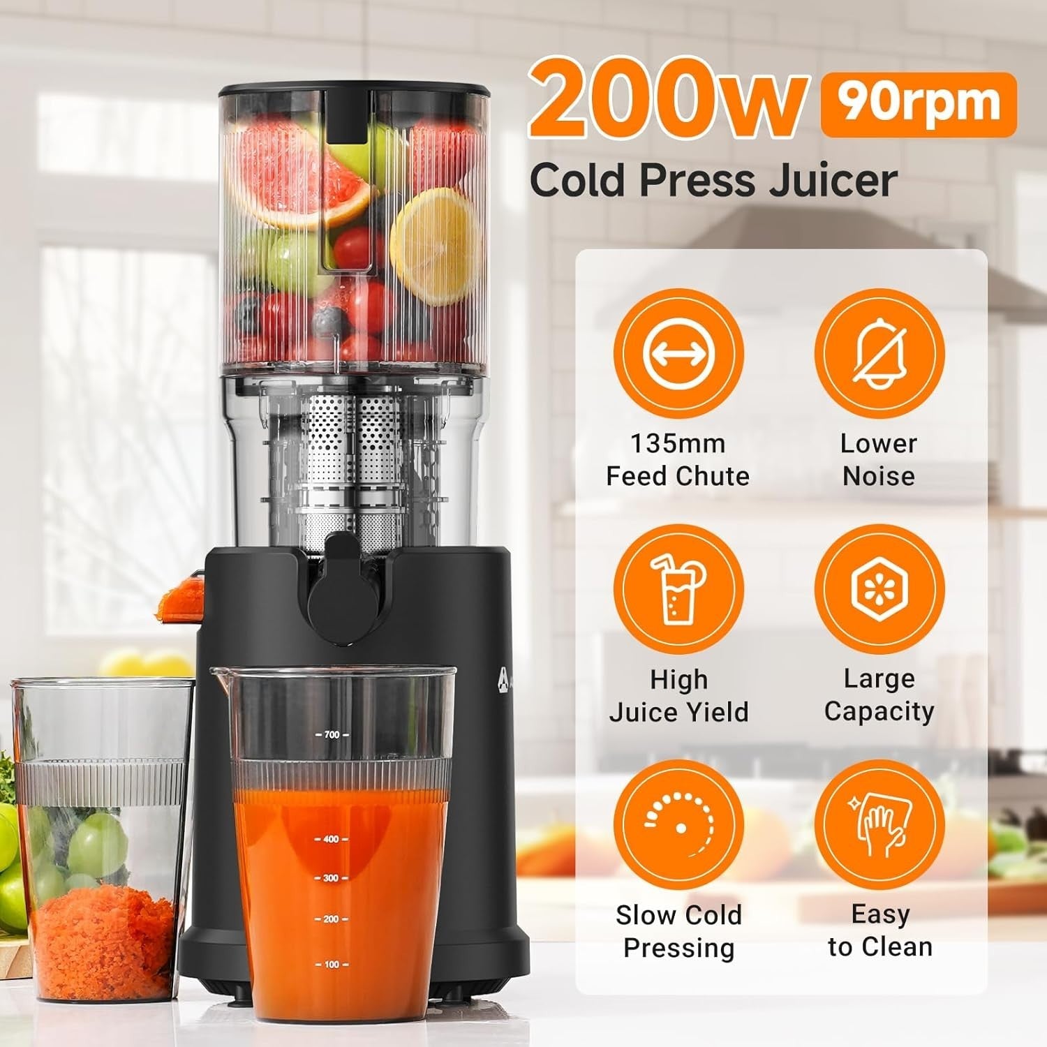 Cold Press Juicer 135mm Wide Chute Whole Fruit Slow 200W High Yield Safe