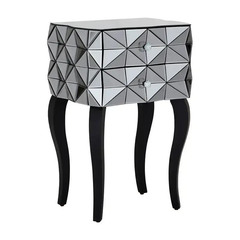Modern 3D Glass Bedside Table with 2 Drawers – Silver Mirrored Unit