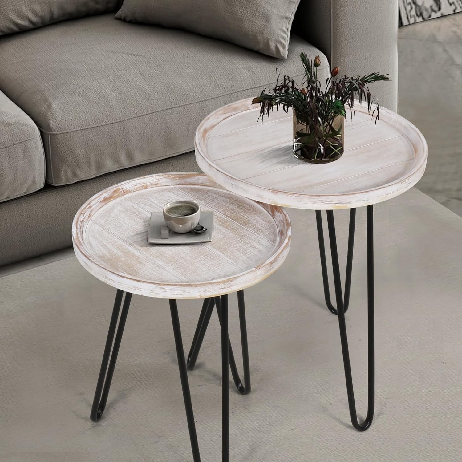 Distressed White Round Nesting Coffee Table Set Wood Metal Storage Living Room