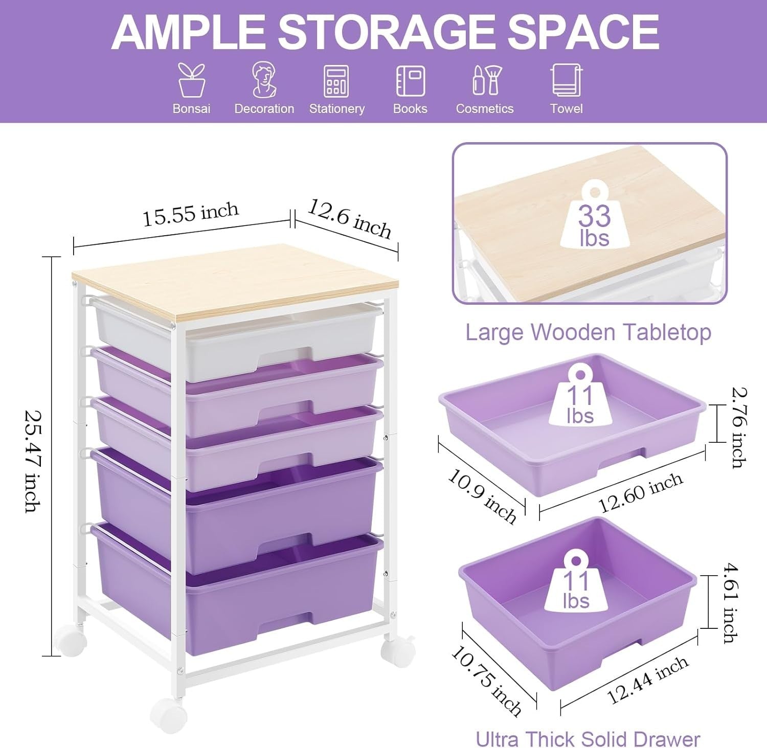 5 Drawer Mobile Storage Trolley Rolling Organizer Cart Purple Wheels