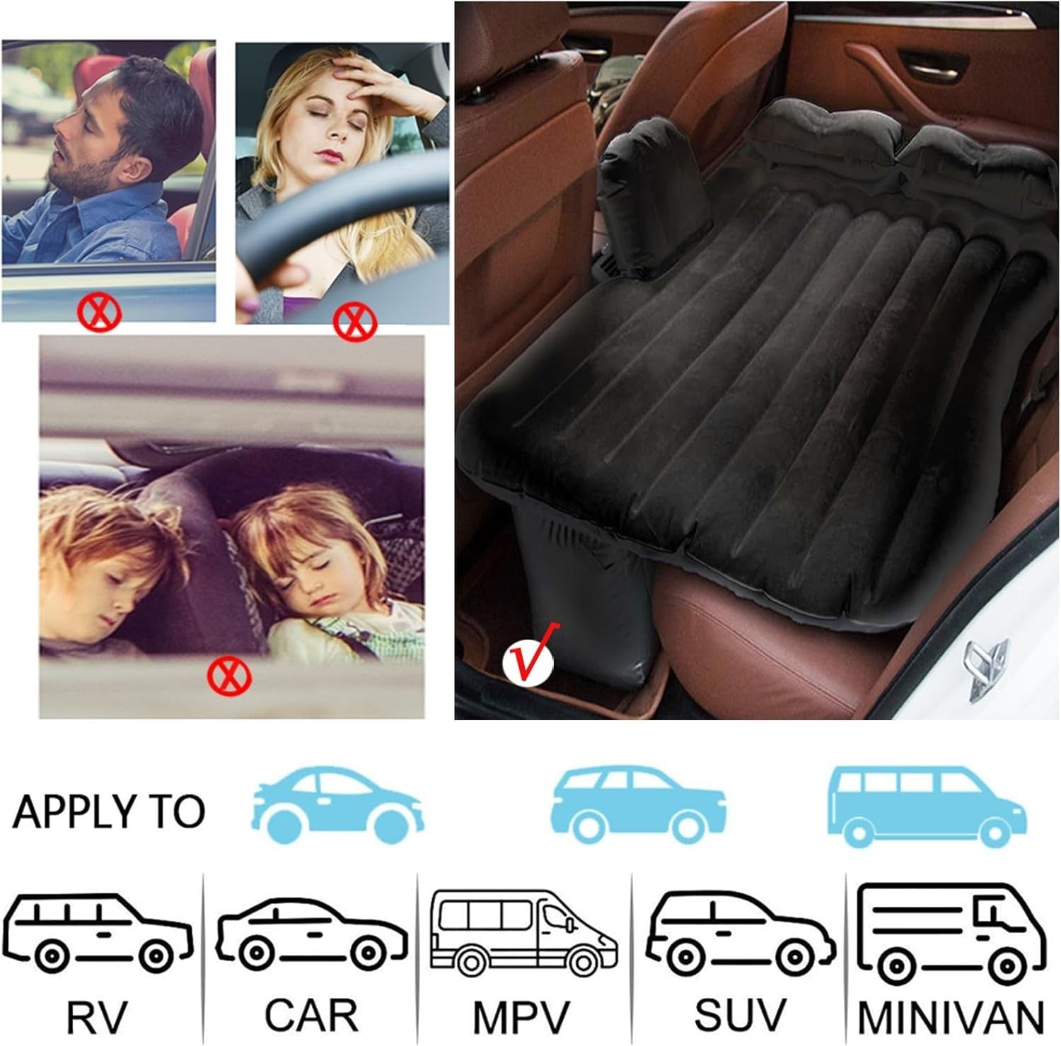 Inflatable Car Back Seat Mattress 140×89×42CM with Pump & Pillows