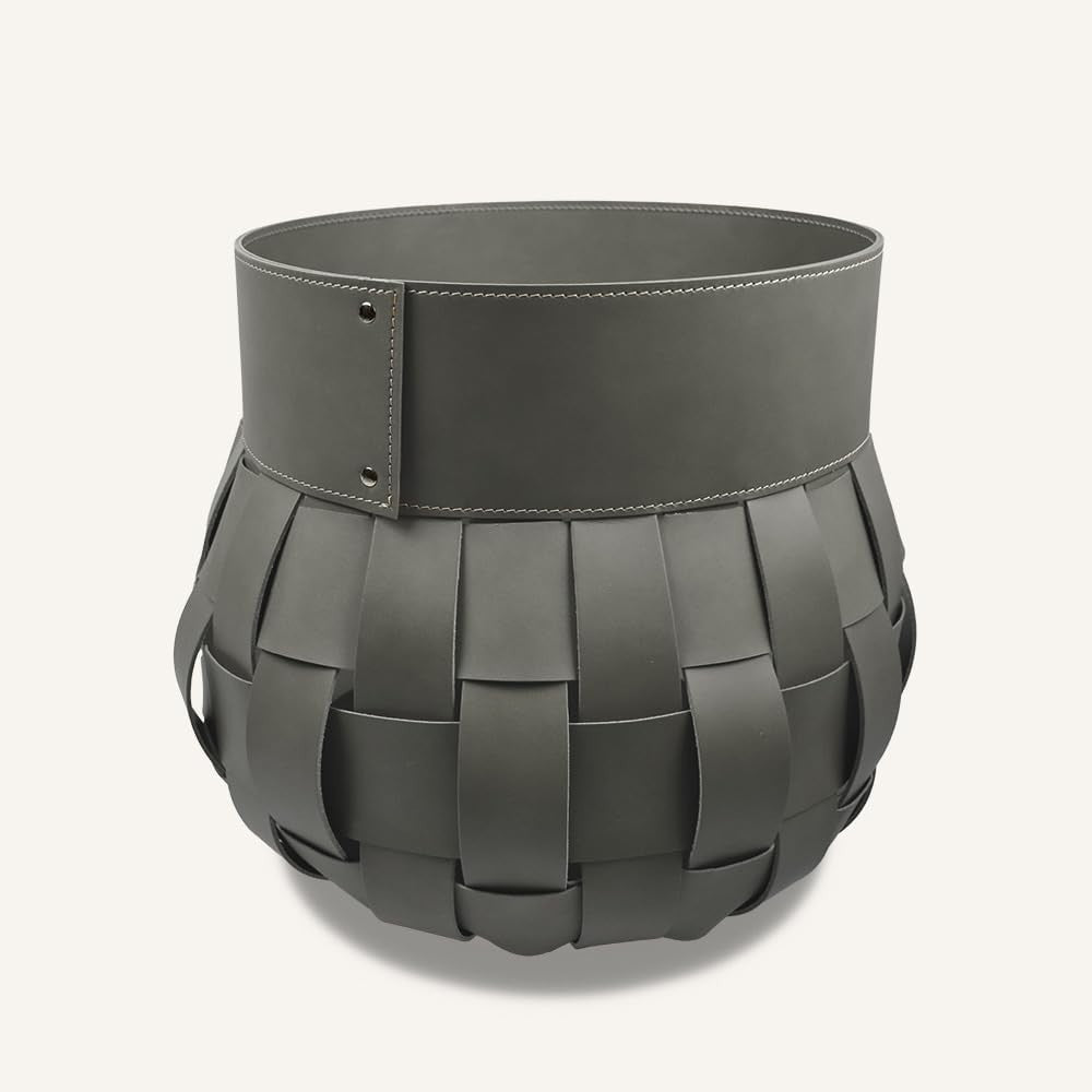 Grey Leather Firewood Basket with Wheels – Indoor Log Holder, 45x45x48 cm