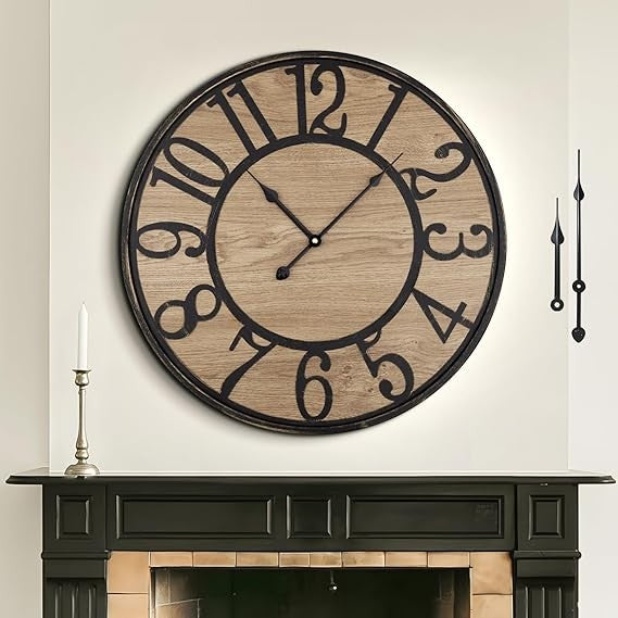 Large 50cm Vintage Wall Clock Silent Rustic Wood Metal Oversized Farmhouse Decor