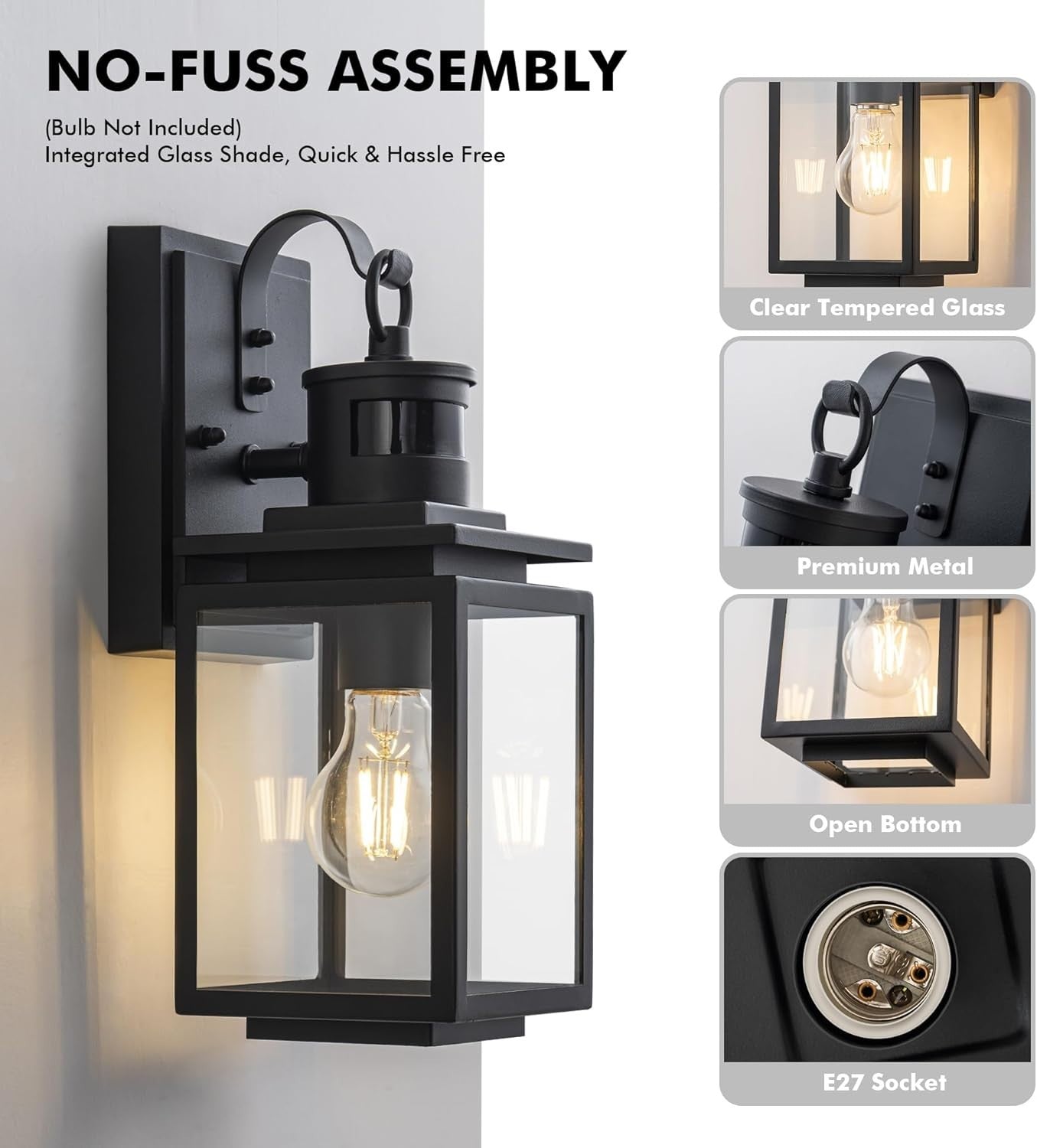 Motion Sensor Outdoor Wall Light Black PIR Dusk to Dawn 3 Modes IP44