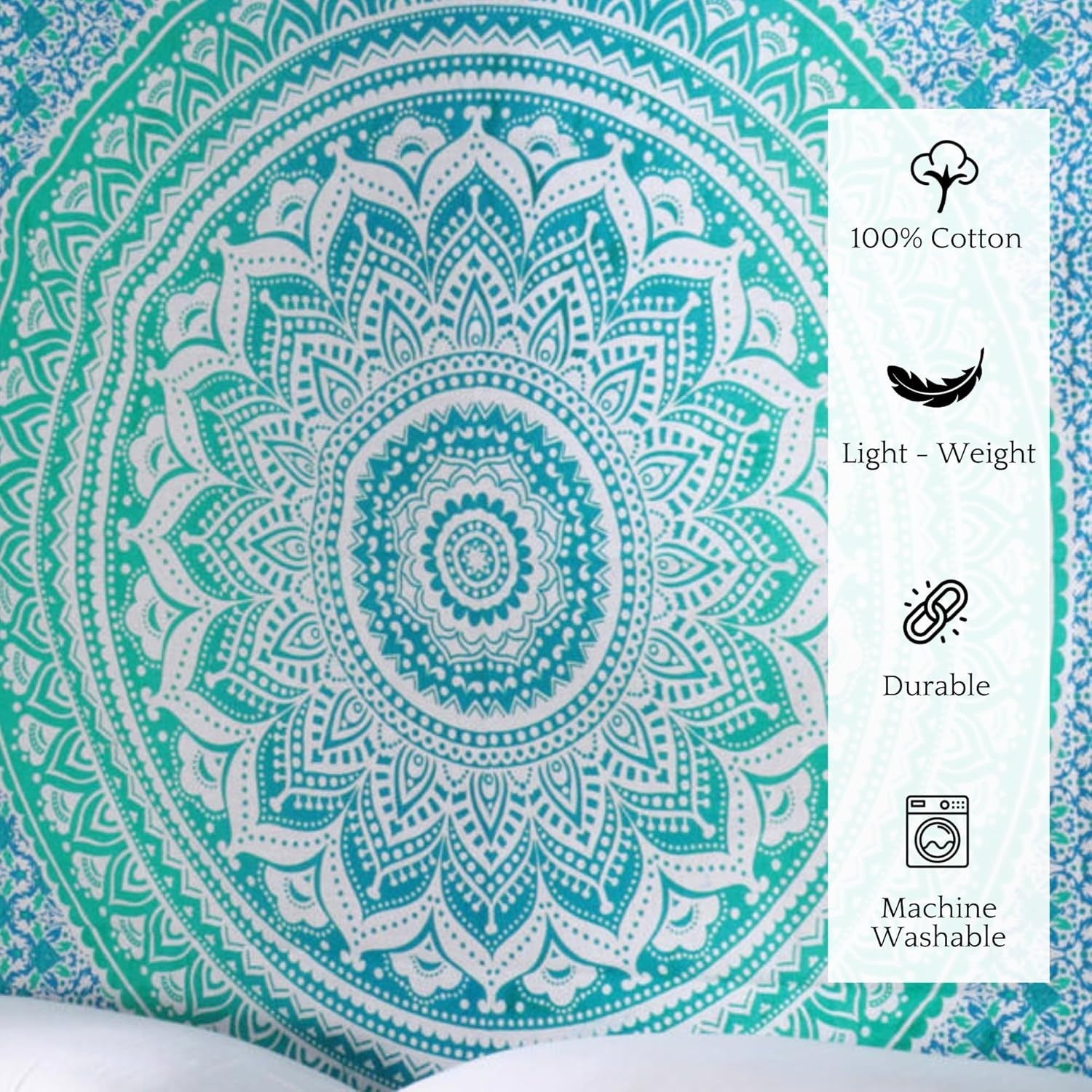 Sea Green Mandala Cotton Tapestry 137x213cm Boho Wall Decor