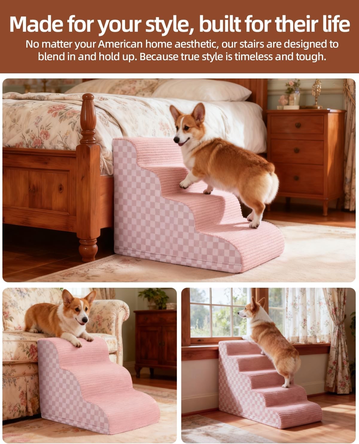 Dog Stairs for Couch 39cm High 3-Step Pet Stairs Small Dogs Non-Slip Pink