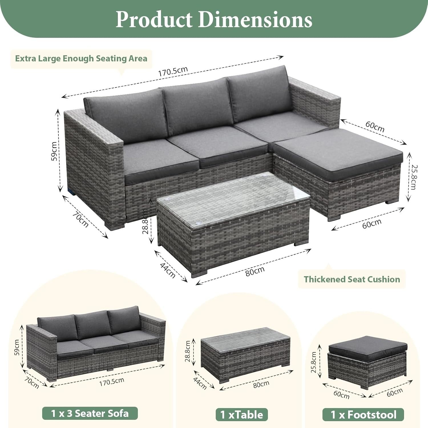 Rattan Garden Sofa Set 3PC Outdoor Patio Furniture w/ Cushions & Table
