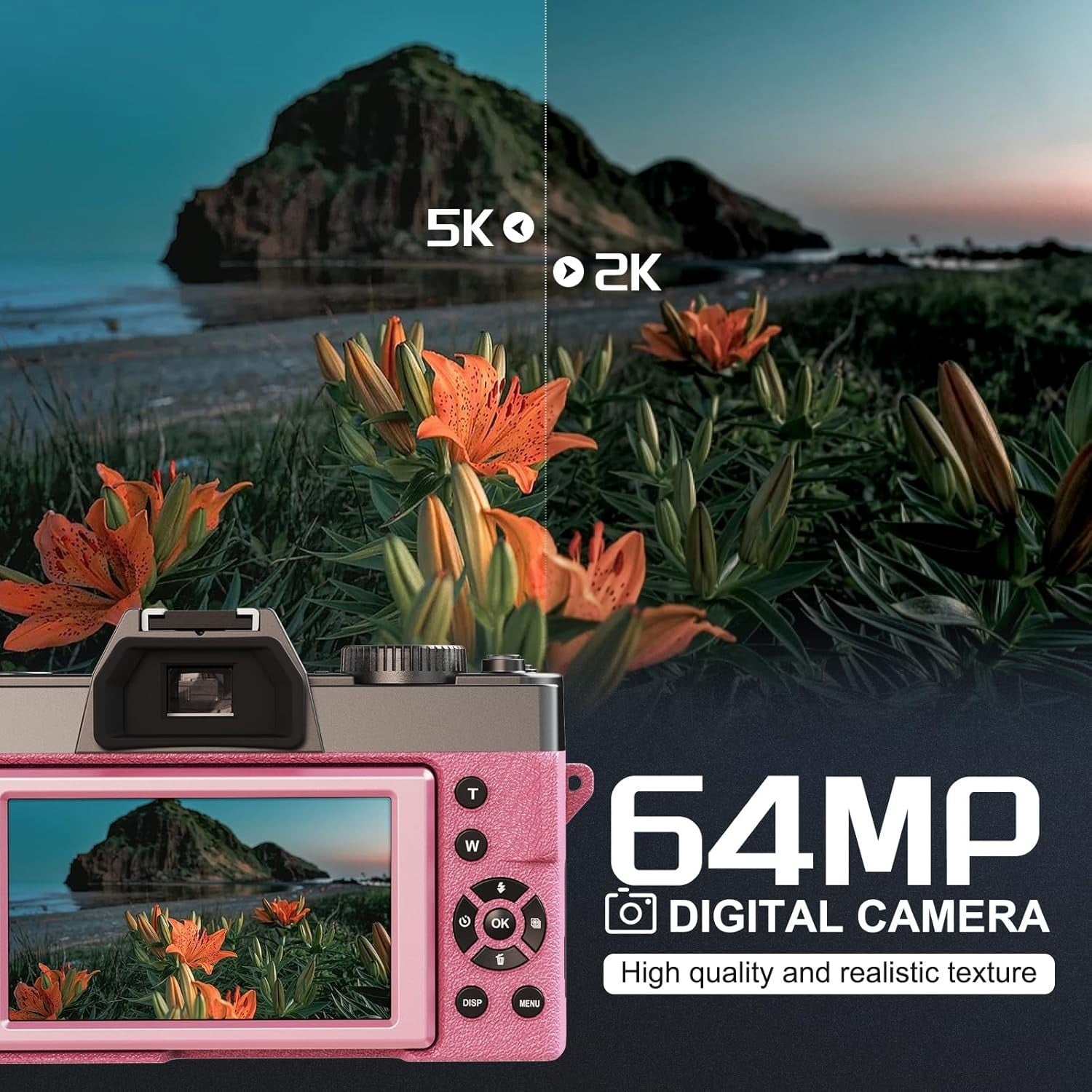5K 64MP WiFi Vlogging Camera Flip Screen Autofocus 64GB Macro Lens