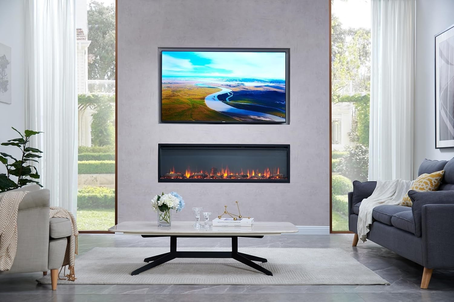 60” Recessed Wall Electric Fireplace LED Flame Heater Remote Slim TV Mount