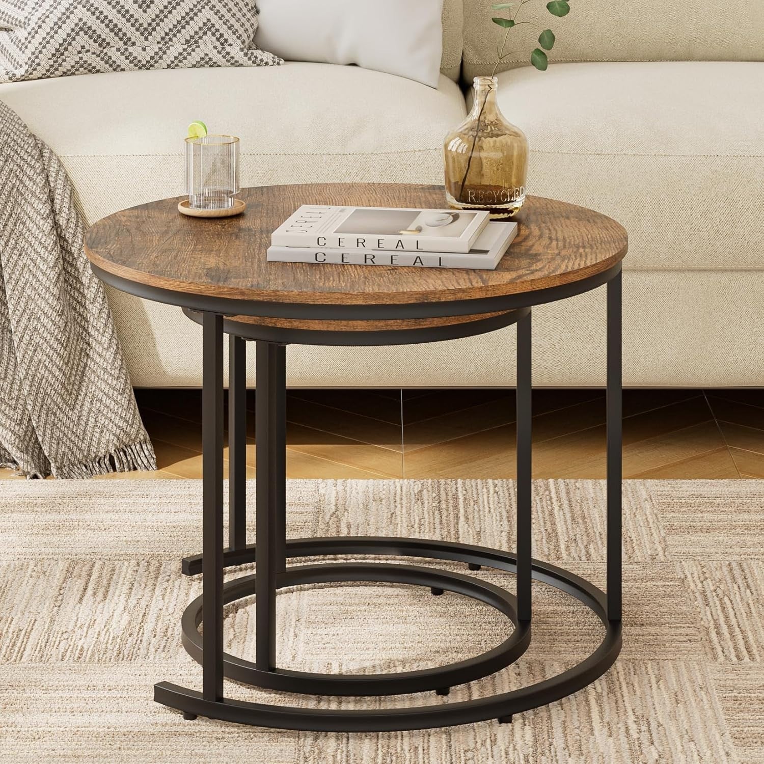 Nest of 2 Round Coffee Table Set Rustic Brown Industrial Easy Assembly