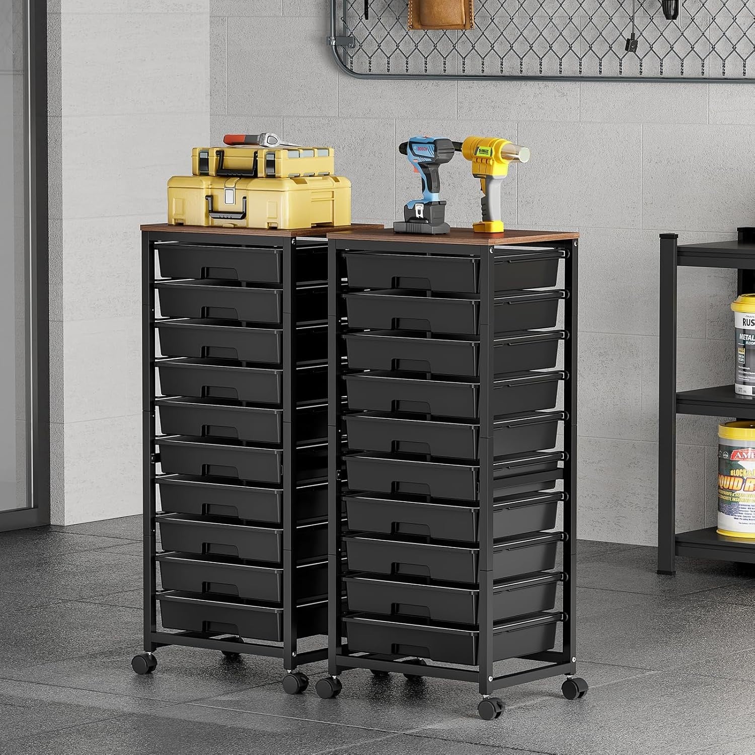 Black 10 Drawer Rolling Storage Trolley Craft Organizer with Wooden Top