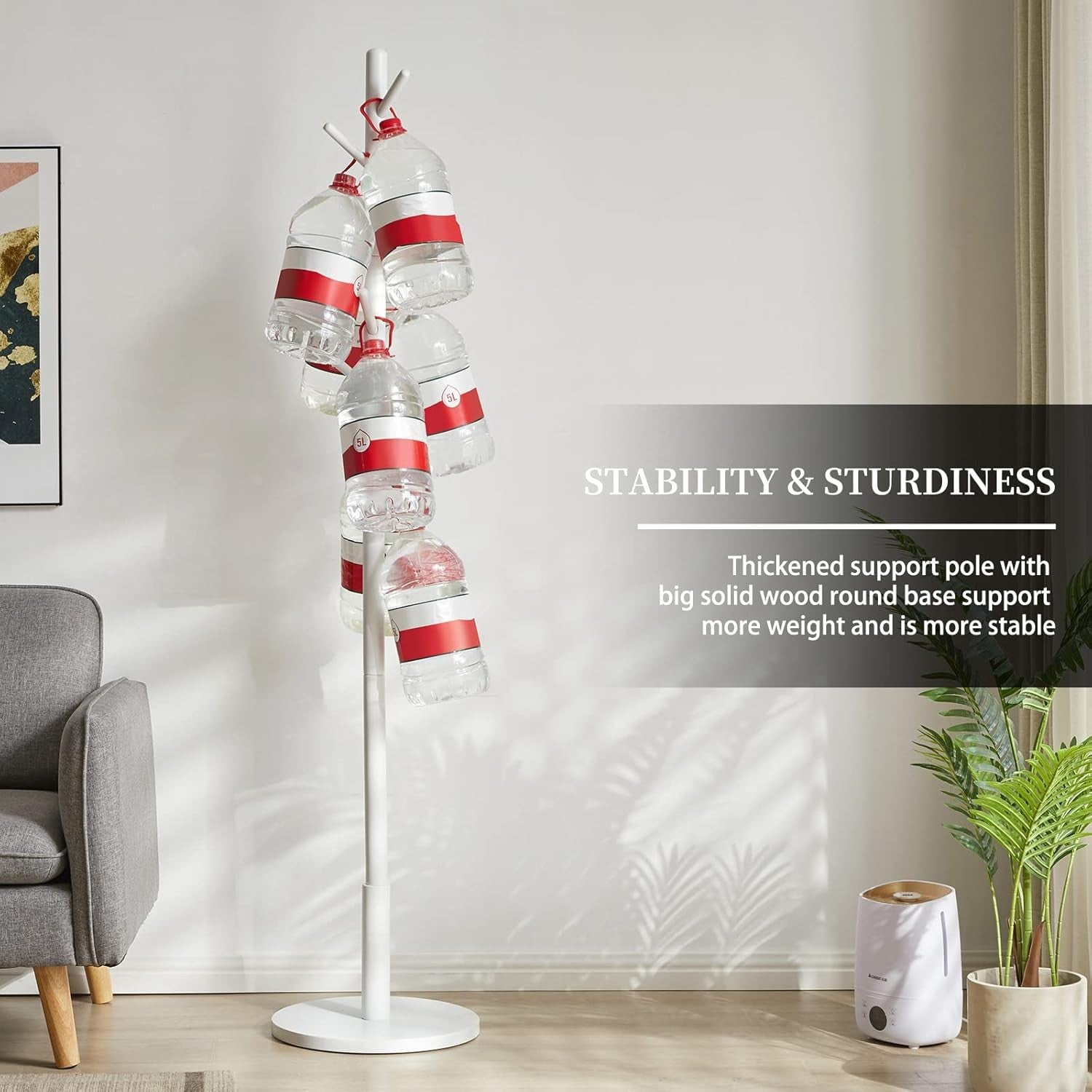 Modern White Wooden Coat Rack 8 Hooks Adjustable Height Free Standing Hanger