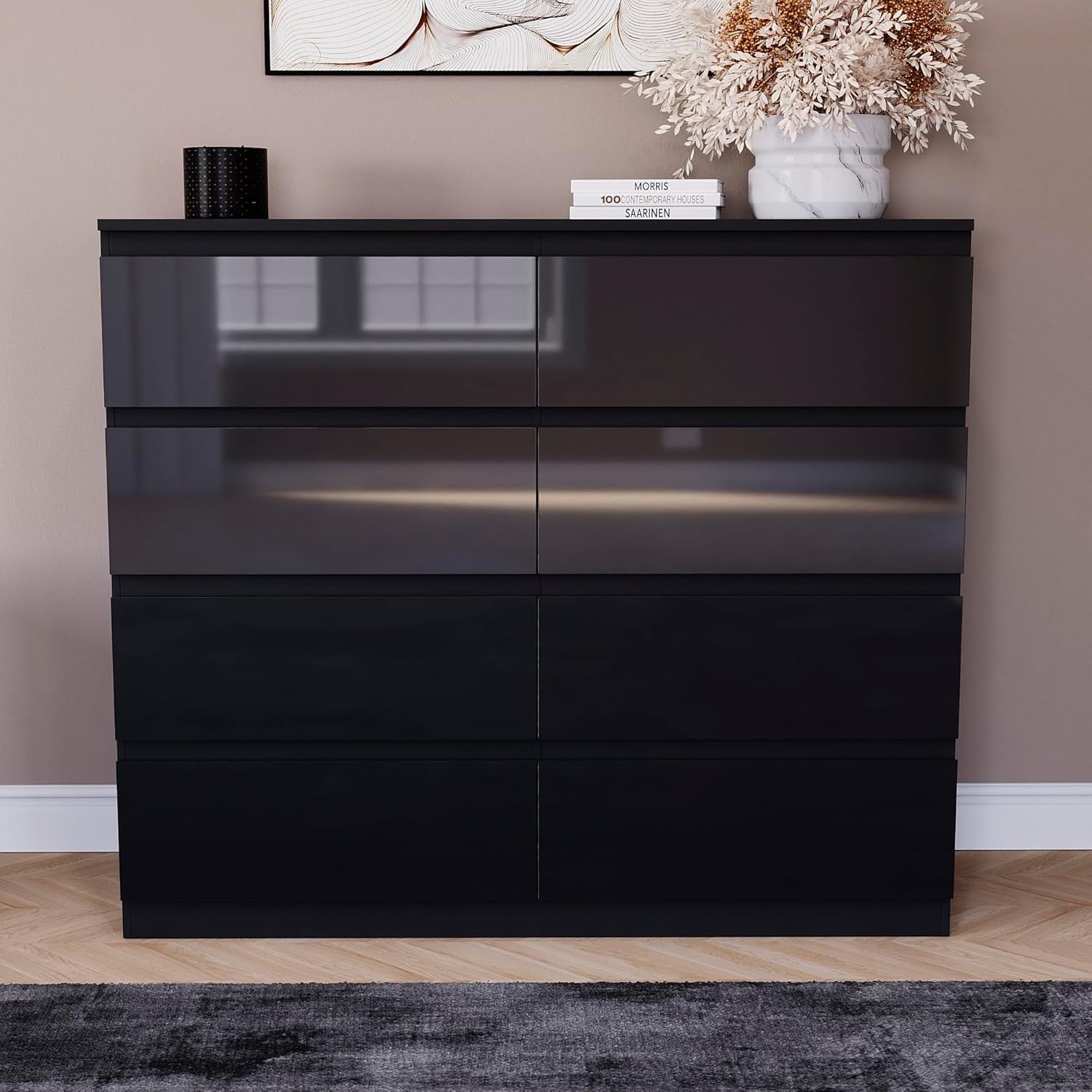 Black High Gloss 8 Drawer Chest Modern Storage Cabinet Bedroom Organizer