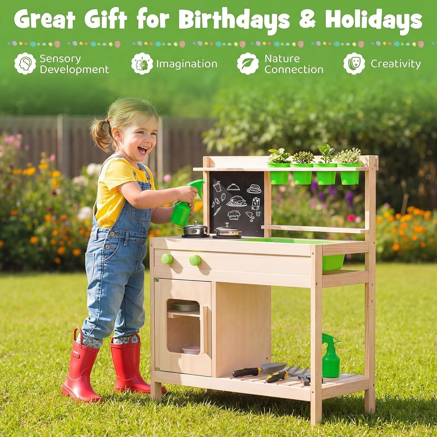 Outdoor Wooden Mud Kitchen Kids Playset Chalkboard Sink Flowerpots