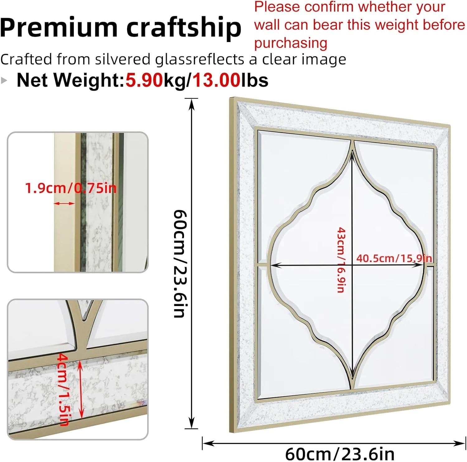 Luxury Gold Wall Mirror 60x60cm Clear Glass Beveled Frame for Hallway