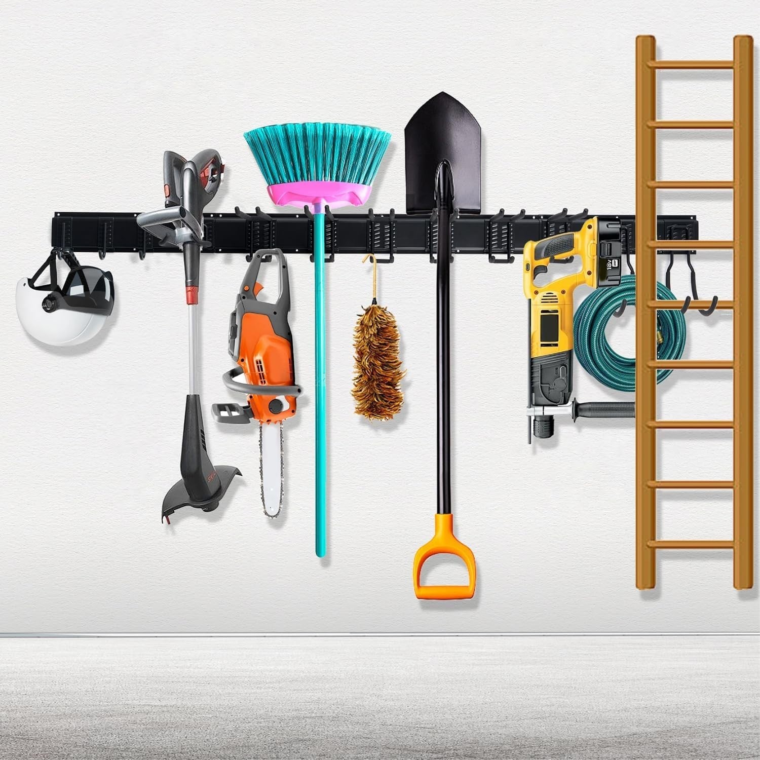 Garage Tool Rack Wall Mounted 12 Adjustable Hooks 2 Semicircle Black