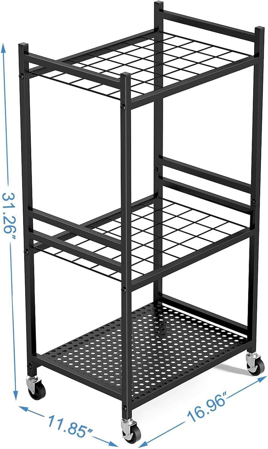 Black Metal Garden Tool Organizer 35 Slots 3 Shelves Wheels Rack