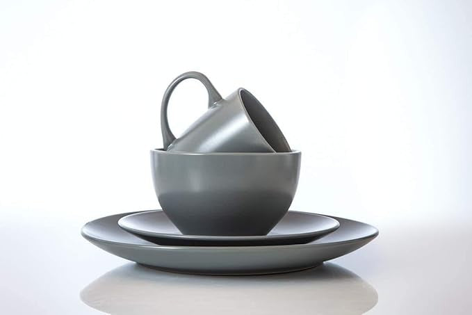 16 Piece Stoneware Dinner Set for 4 Plates Bowls Mugs Grey