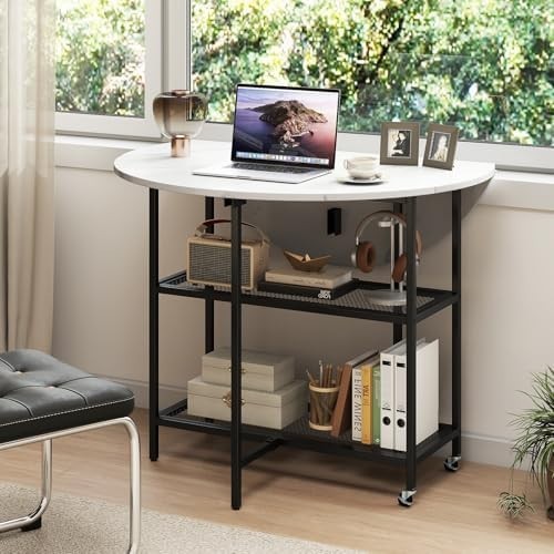 Folding Dining Table with Wheels & Storage Shelves Black + White