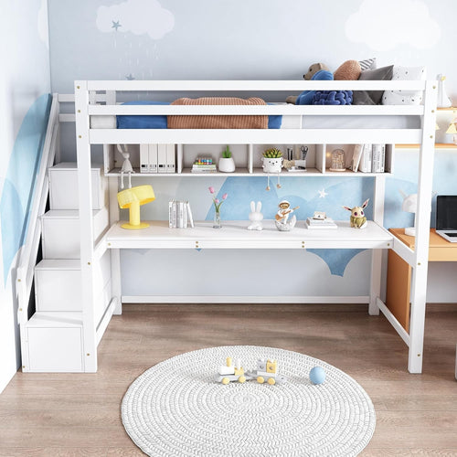 Loft Bunk Bed with Desk & Storage Stairs, 3FT 90x190cm Kids Single Bed White