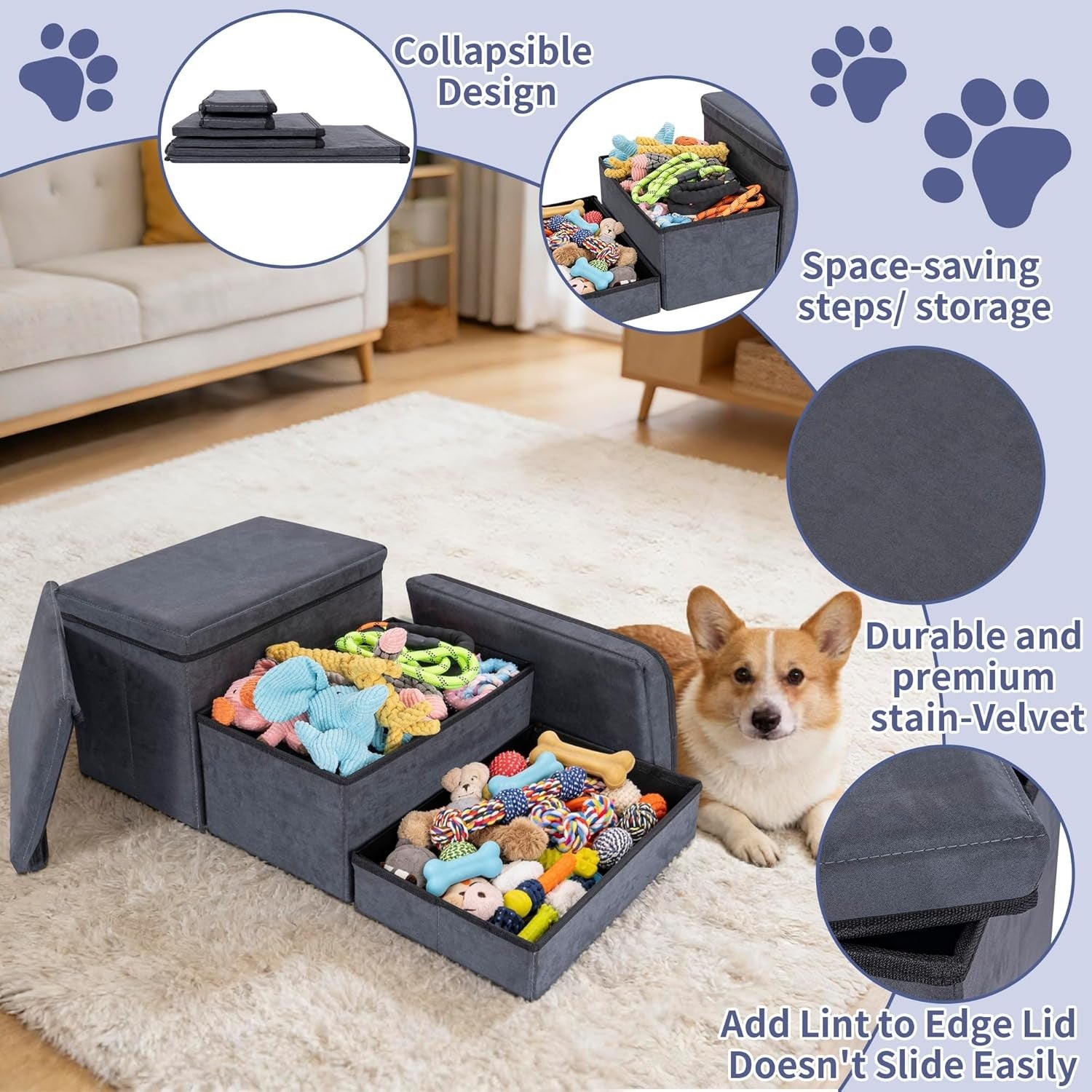 Dark Grey 3 Step Pet Stairs with Storage Extra Wide Foldable