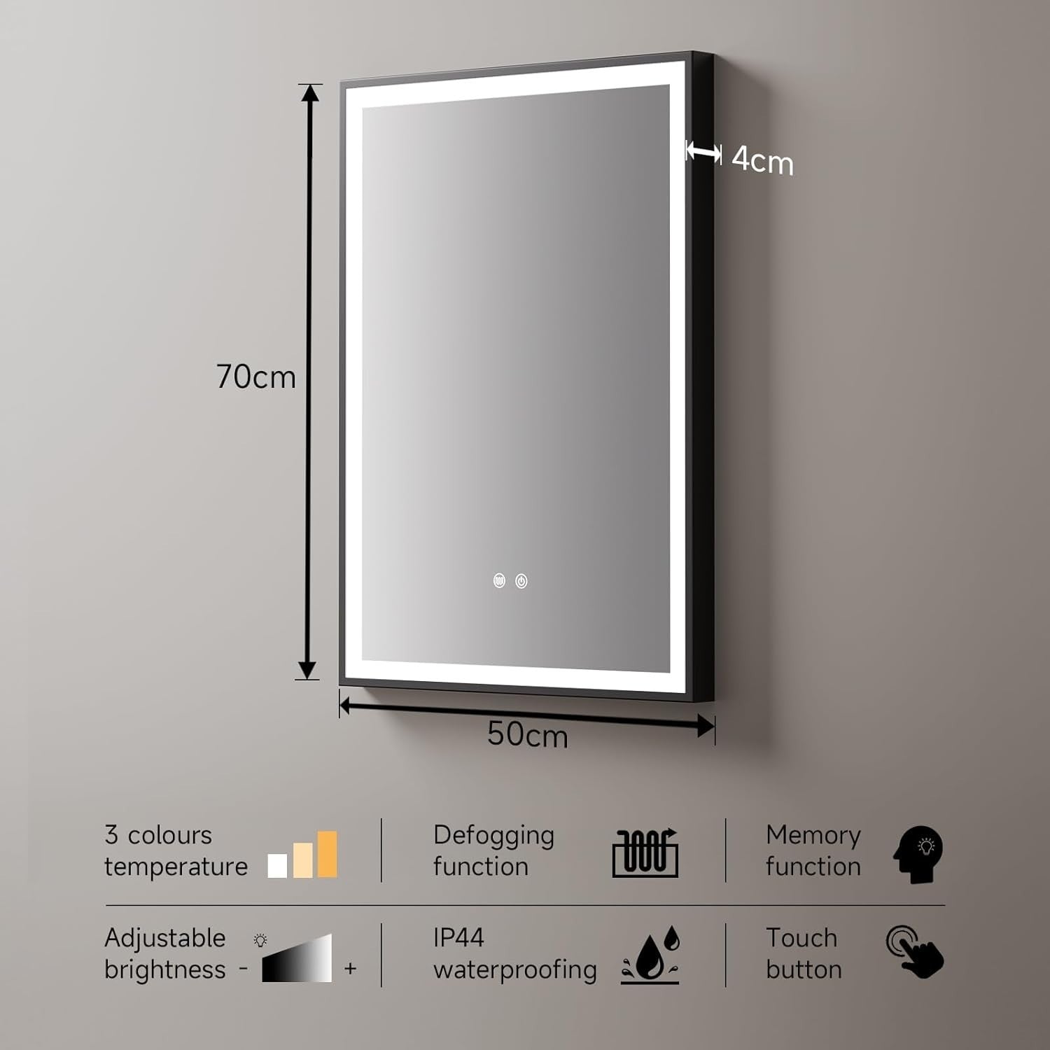 LED Bathroom Mirror 70x50cm Wall Mounted Light Anti-Fog Demister Pad
