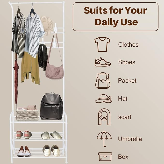 Freestanding Coat Rack with Shoe Shelf & 16 Hooks | White Metal Hall Tree