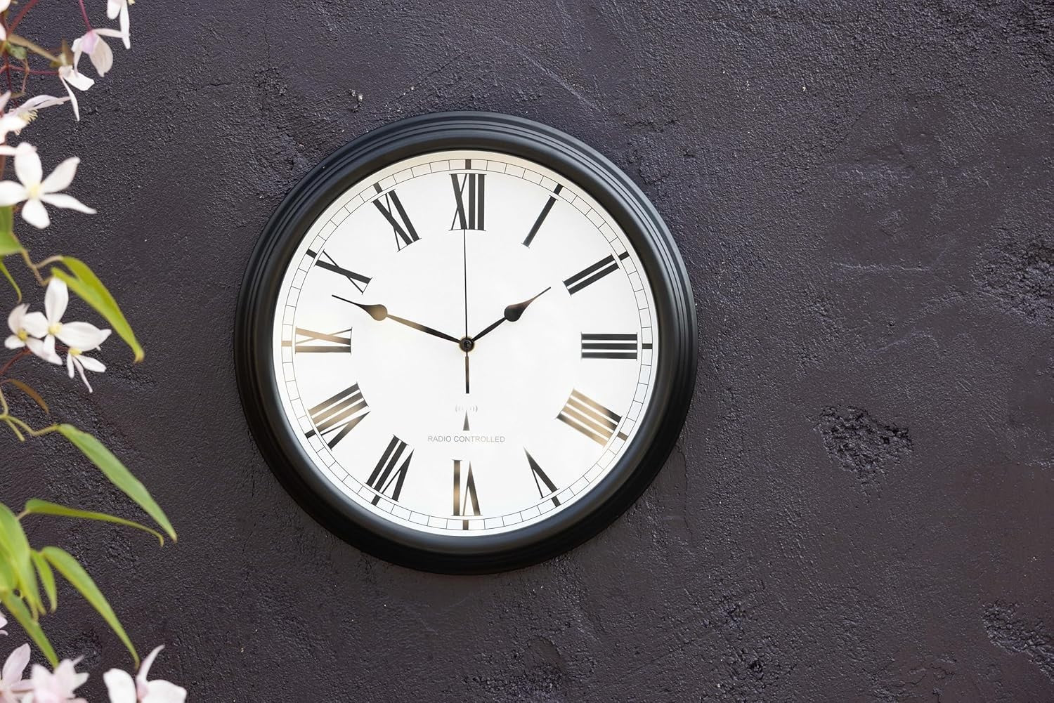Outdoor Radio Controlled Wall Clock 38cm Black Roman Numerals Garden Patio