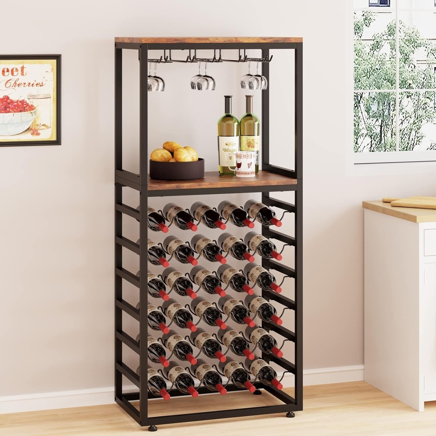 Large Wine Rack Storage Shelf with Glass Holder, 6-Tier Metal & Wood