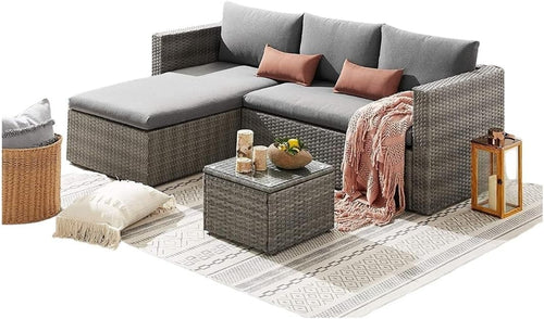 5-Piece Rattan Outdoor Garden Sofa Set with Cushions & Glass Coffee Table