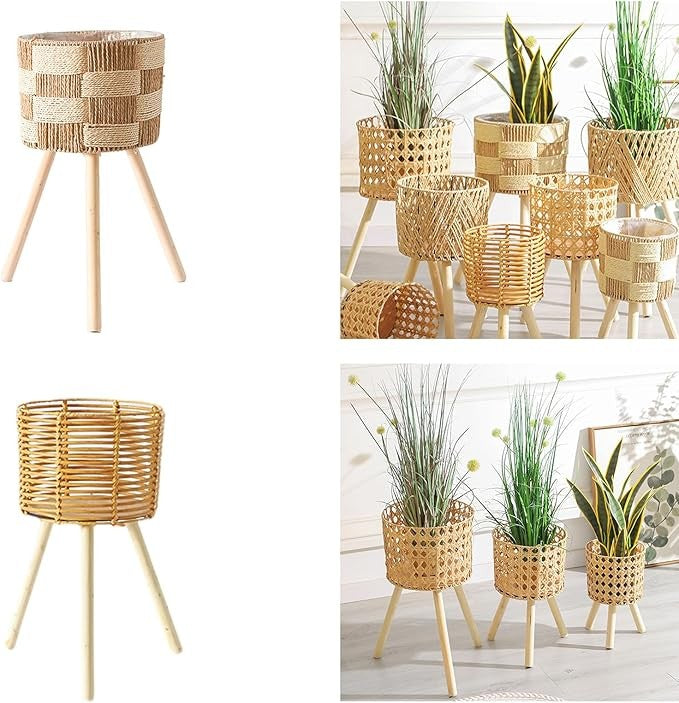 Rattan Plant Stand Indoor Outdoor Tripod Wooden Legs Flower Pot Basket Holder