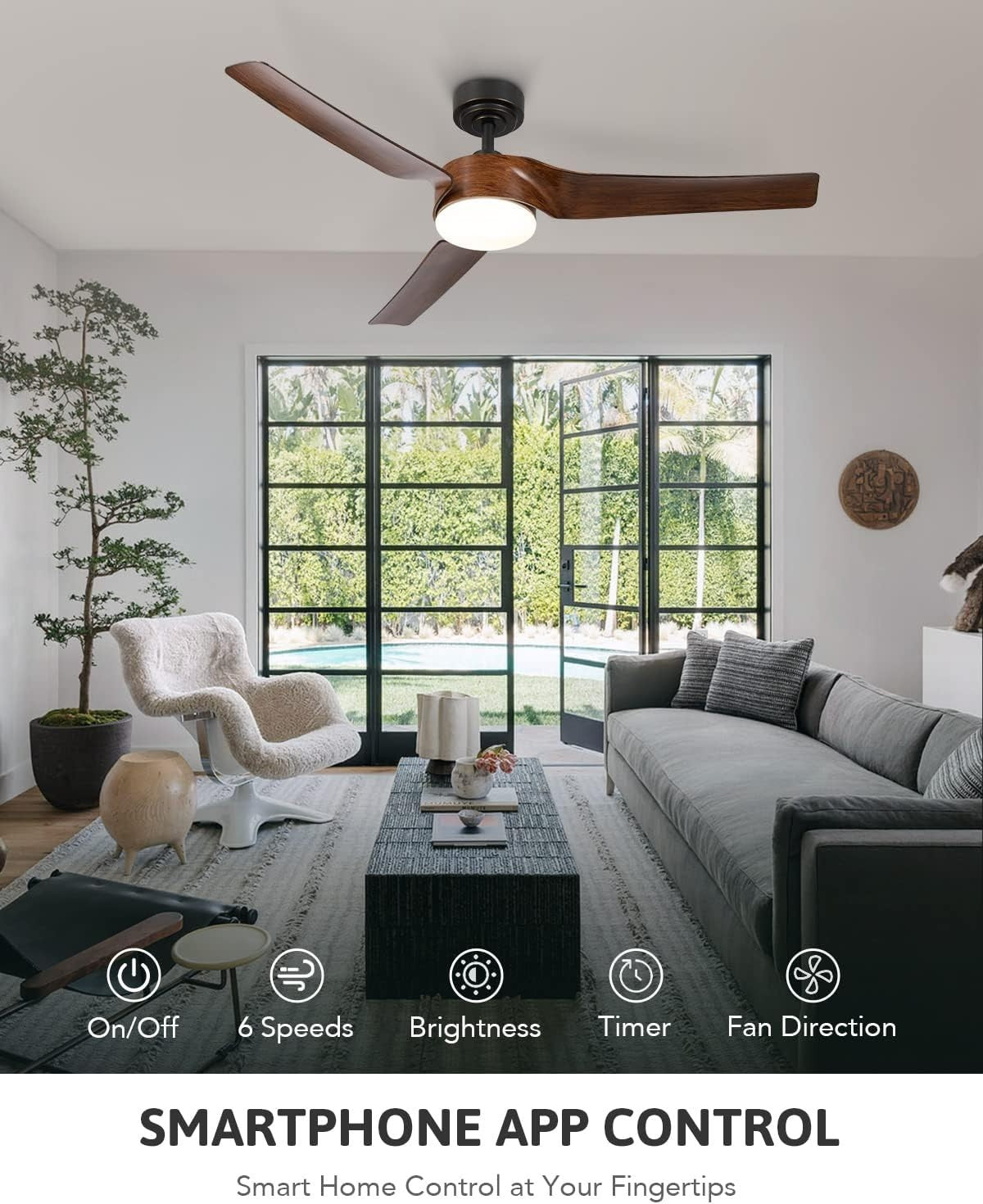 52" Smart Ceiling Fan with Light, 6-Speed, Remote, Black Walnut