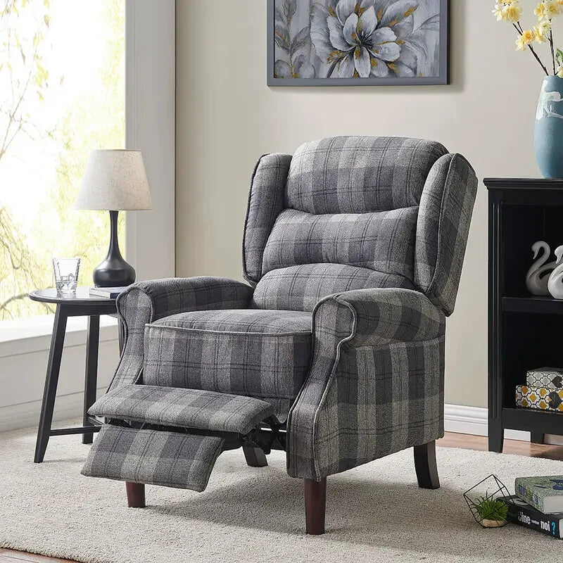 Grey Tartan Wingback Recliner Armchair – Manual Pushback Lounge Chair