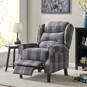 Grey Tartan Wingback Recliner Armchair – Manual Pushback Lounge Chair