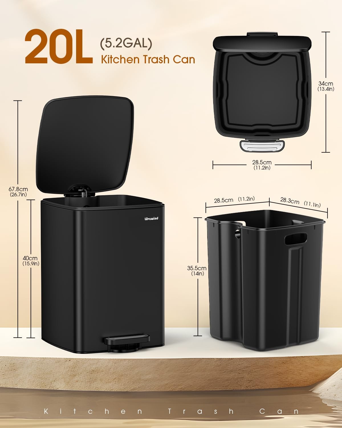 20L Black Pedal Kitchen Bin Soft Close Stainless Steel