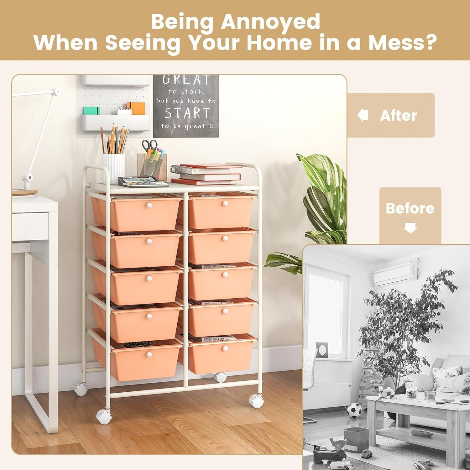 10 Drawer Peach Storage Trolley Rolling Organizer Cart with Wheels