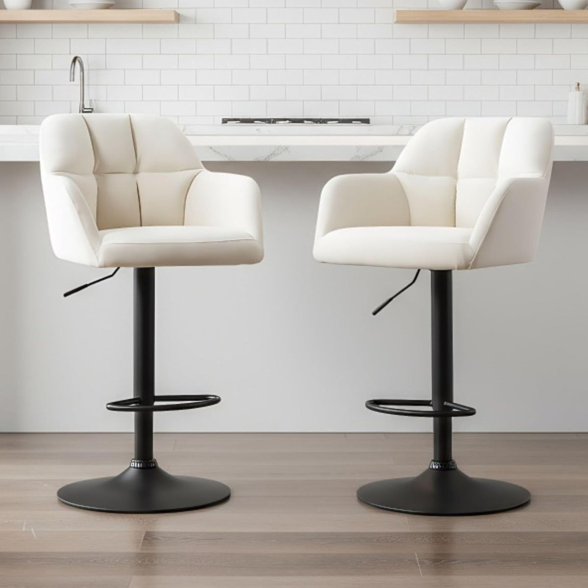 Adjustable Beige Velvet Bar Stools Set of 2 Swivel Kitchen Counter