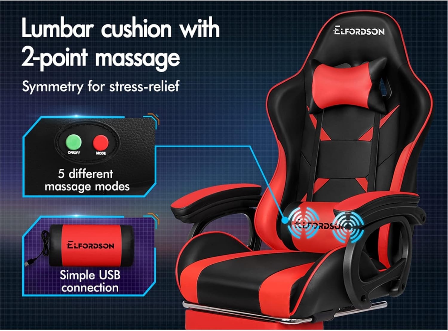 Red PU Leather Gaming Chair Office Desk Recliner Massage Lumbar Support Wood Fra