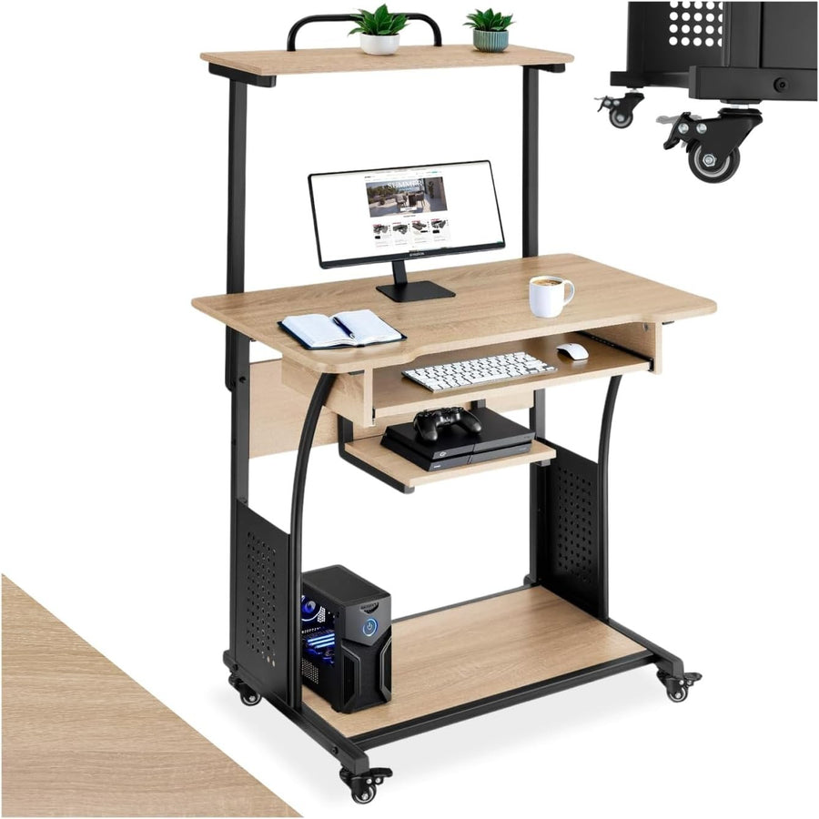 Mobile Computer Desk Light Wood 80cm with Shelves & Keyboard Tray on Wheels